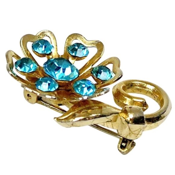 Coro Blue Rhinestone Flower Brooch Mid-Century Gold Tone Costume Jewelry - Picture 2 of 6
